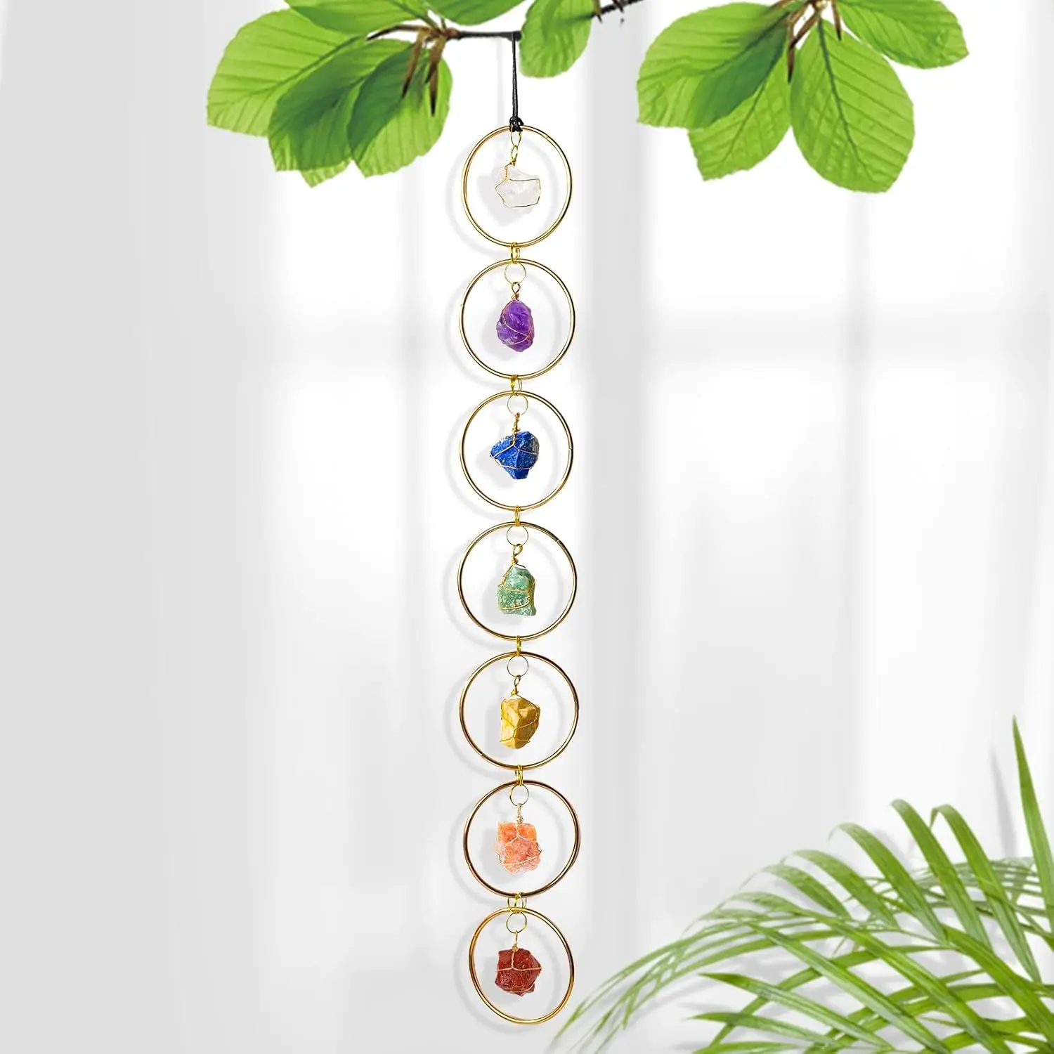7 Chakra Raw Crystal Stone Circle Hanging Window Wall Decor (Gold)
