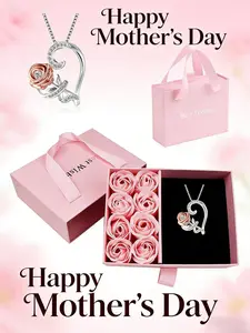 This gift box contains a soap flower and a heart-shaped rose pendant necklace. This creative square gift box with a handle makes it the perfect gift for a birthday or Mother's Day, Heart Design Necklace