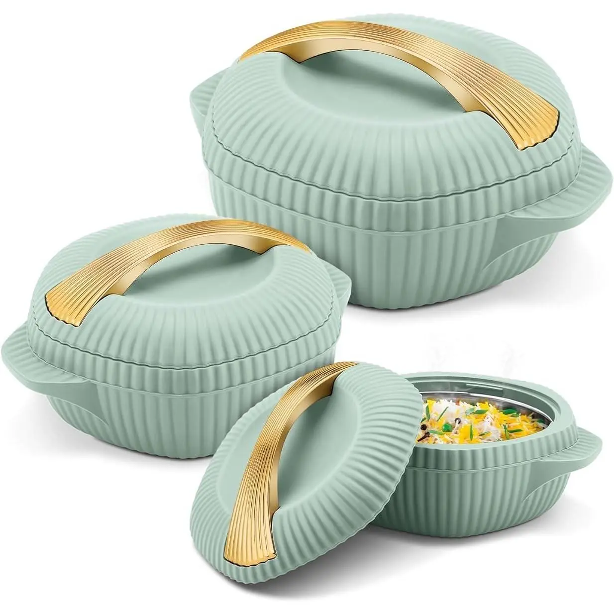 3-Piece Food-Grade Stainless Steel Casserole Set - PU Insulated, Light Green, BPA-Free, Heat Resistant, Hot & Cold Use, Portable, Stackable, Integrated Handles, Easy Storage, Picnic Bakeware, Anniversary/Holiday Gift (860ml,1275ml,1910ml), Cooking, Birthd