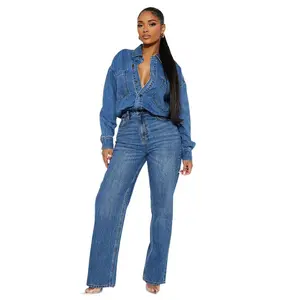Women's Sexy Fashion Denim Long-Sleeve Overalls Jumpsuit with Pocket, Hip-Flattering Pants Womenswear