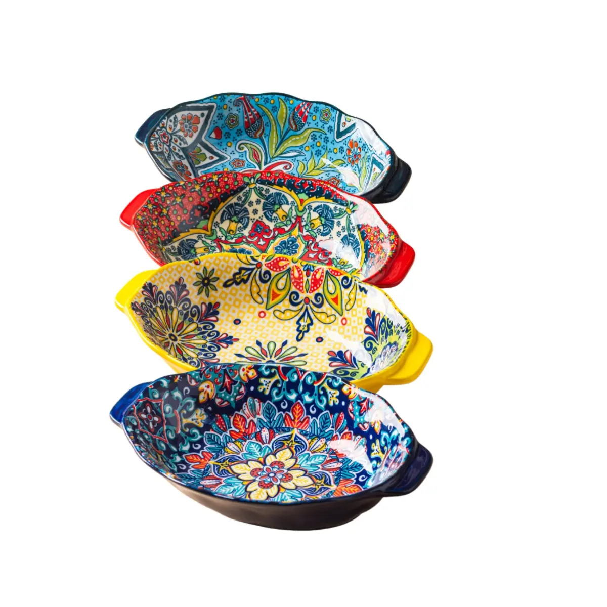 Bohemian Style Ceramic Salad Deep Plate Set, 4-Piece 9.3 Inch Kitchen Plates with Dual Handles, Oven & Microwave Safe, Ideal for Pasta Desserts, Salad Serving Plates