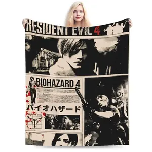 Resident Evil 4 Retro Newspaper Collage Flannel Blanket Leon Kennedy Horror Game Throw Ultra Soft 50x60 Inch Vintage Design