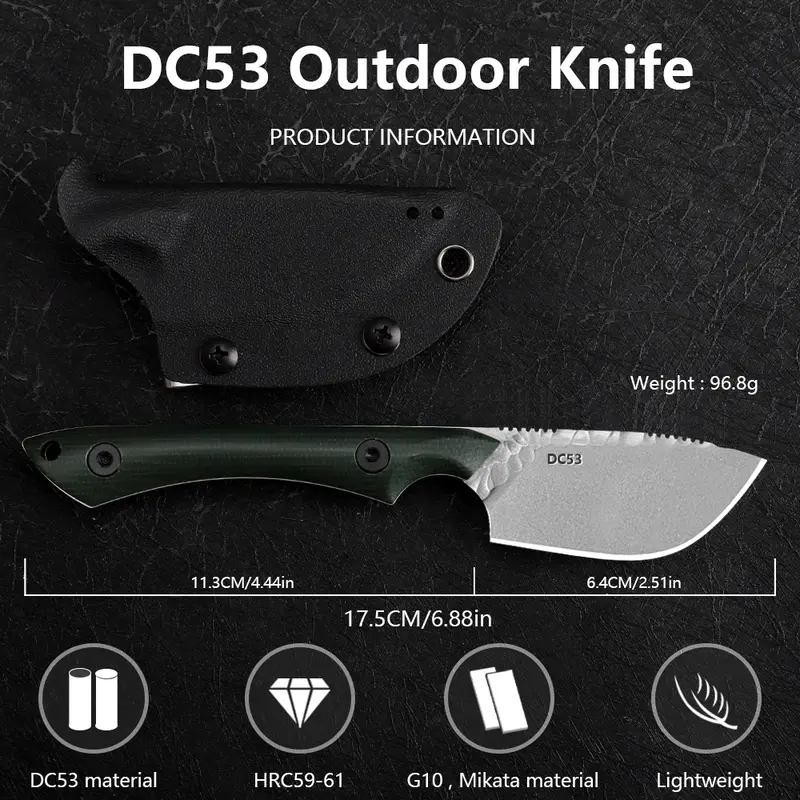 Pocket knife, 2.51 inch DC53 blade male and female fixed knife, G10 handle, suitable for EDC outdoor camping, fishing and hunting