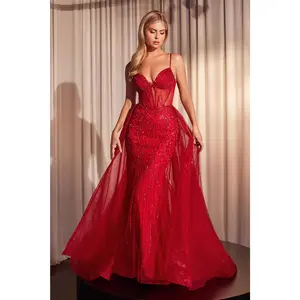 Ladivine CD863 Floor Length Fitted Beaded Tulle Fabric Red Carpet Gown for Black Tie Events