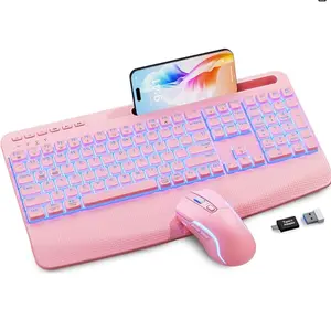 SABLUTE KM25Pro Pink Keyboard and Mouse Wireless Combo, 4000mAh Rechargeable Backlit Quiet Keyboards mice set, USB Ergonomic Key Board with Wrist Rest & Phone Holder for PC, Mac, Windows, Natural Soft Typing —SABLUTE