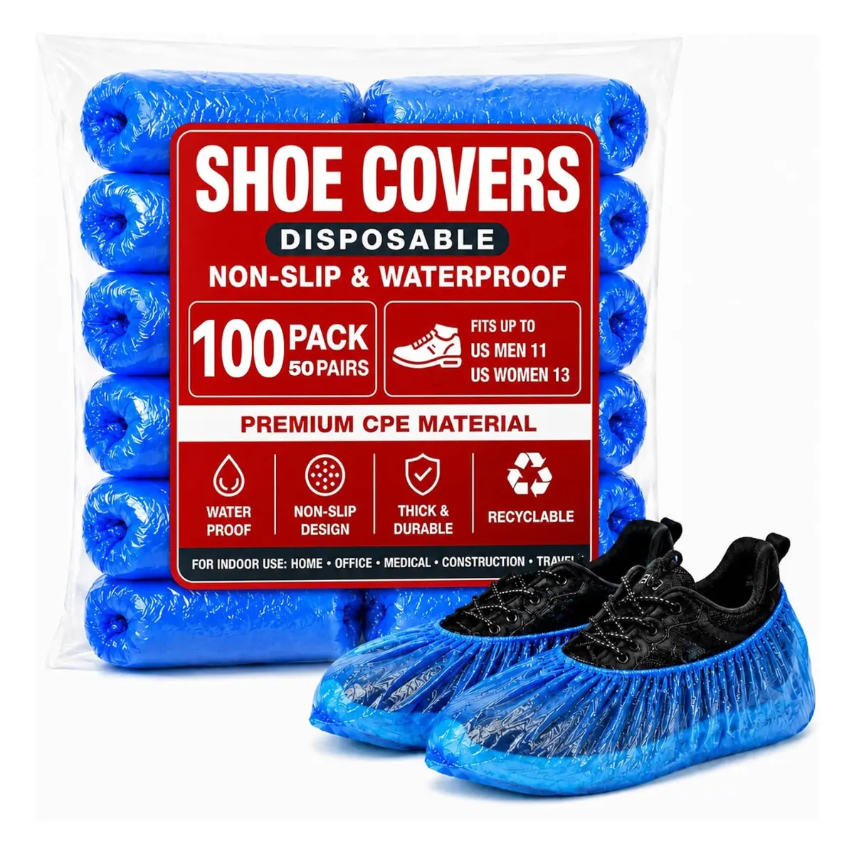100PCS Disposable Waterproof Non-Slip Plastic Shoe Covers, Universal Fit Booties for Home Cleaning & Floor Protection