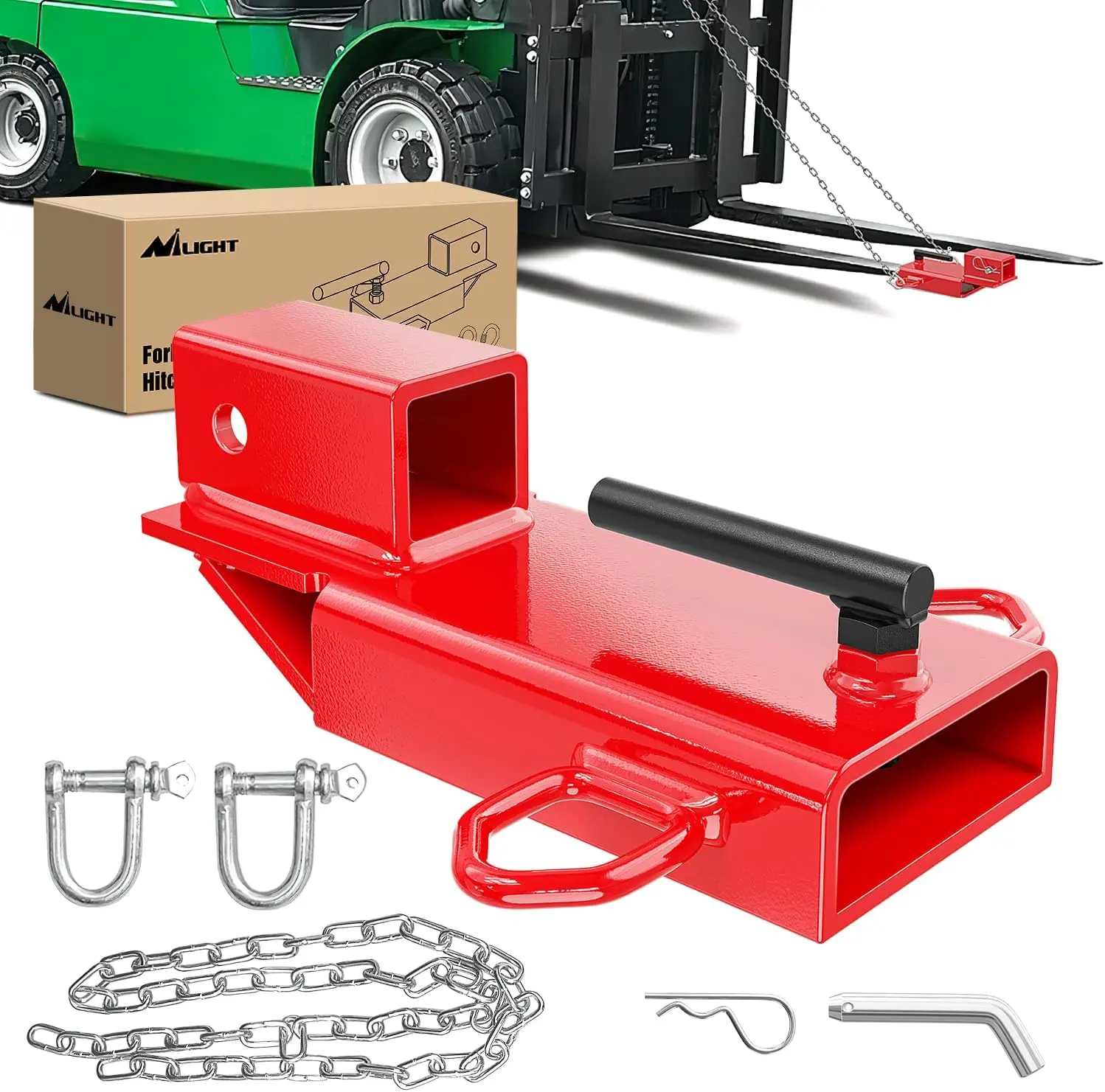 Nilight Heavy Steel Forklift Trailer Hitch Attachment Work Tool, 2-Inch Receiver Clamp-On Pallet Fork Towing Adapter with Safety Chain, 5/8-Inch Hitch Pin Clip, Red Towing Accessory Tools, Work Tools
