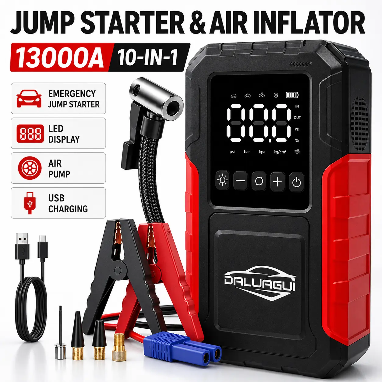 13000A 10-In-1 Portable Car Jump Starter - Car Battery Charger, Optional 150PSI Air Compressor, LED Flashlight, USB Type-C/USB Fast Charging Output, Digital Display for Travel & Emergency Use