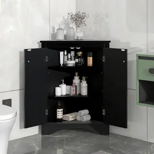 23.6*12.87*31.5 Inch Black Triangle MDF Corner Storage Cabinet with Door & 2 Adjustable Shelves, 30LBS Per Shelf Moistureproof Wall Cabinet for Bathroom Pantry Living Room Entryway