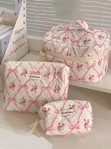 Bow & Floral Pattern Quilted Makeup Bags Set,  Travel Essentials, Zipper Makeup Organizer Pouch, Versatile Storage Bag for Skincare, Lotion, Cream, Lip Balm, Eyeliners, Mirror, Stationery, Cosmetics, Makeup Case