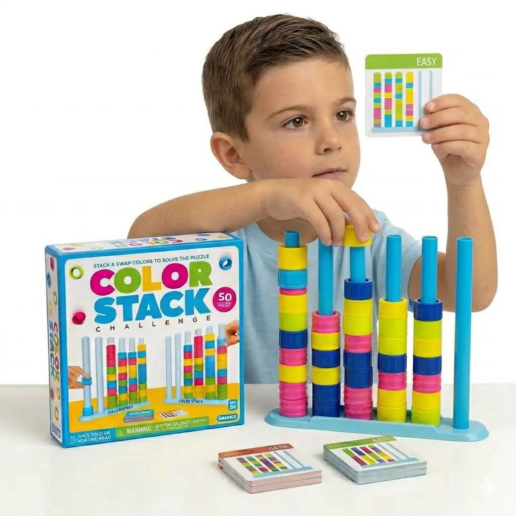 Educational Color Sorting Puzzle Game - Ring Matching Brain Teaser Puzzles for Ages 8+, STEM Logic & Strategic Thinking Cognitive/Playful Stacking Game with Challenge Cards, Interactive Learning Gift for Kids, Cognitive Stacking Games