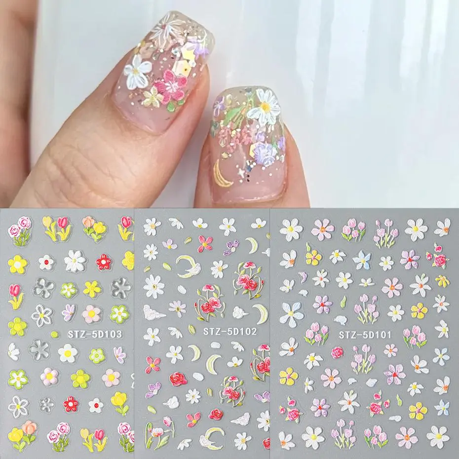3pcs Daisy Flower Nail Art Stickers Set 5D Embossed Self-Adhesive Acrylic Decals 3D Floral Spring Nail Art Slider Decorations