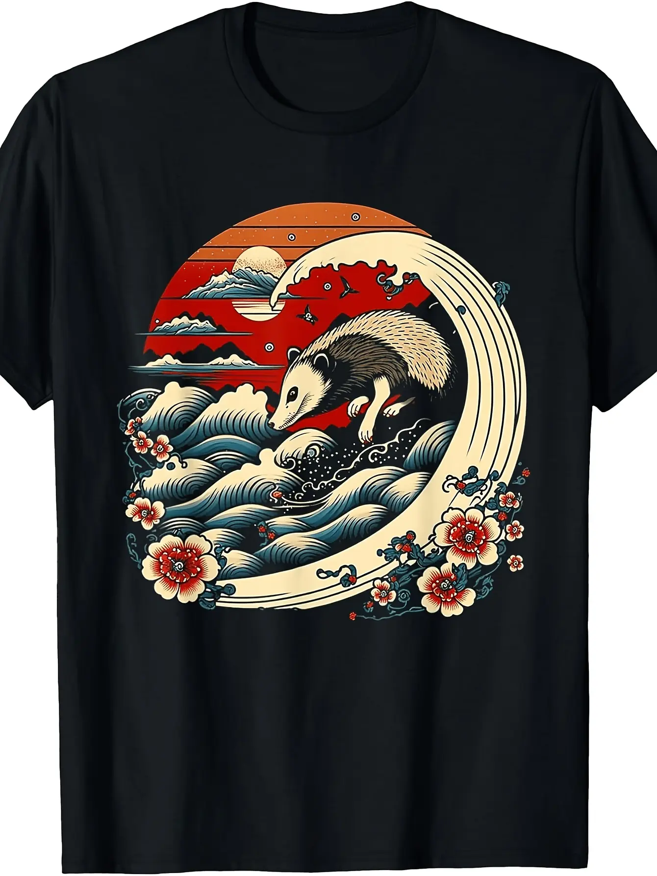 Retro Japanese Wave Opossum T-Shirt - Vintage Poss unisex soft cotton short sleeve t shirt, vintage graphic casual tee for men women teens, perfect birthday holiday gift for camping travel gym daily street  wear