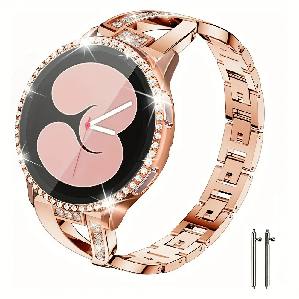 Luxury Elegant Quick Release Bling Steel Rhinestone Full Screen PC Band+Cover for Galaxy Watch 7/6/5/4 (40mm/44mm, 20mm Band Width), Premium Casual Fitness Wearable Accessory, Activity Tracking Support