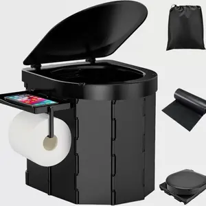 Portable Camping Toilet, Folding Toilet for Adults with Lid and Retractable Toilet Paper Holder,Waterproof Porta Potty with Carry Bag for Camping