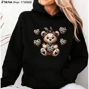 Affordable Women's Hoodie, Leopard Print Bear Graphic, 100% Cotton, Crew Neck Long Sleeves