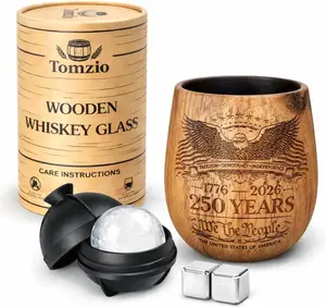 Retirement Gifts for Men 2026, America 250 Anniversary Commemorative Charred Wooden Whiskey Glass Gift Set, Double-Sided Laser Engraved Bourbon Cup with Ice Ball Mold & Whiskey Stones cocktail