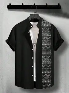 Men's Baroque Ethnic Patchwork Pattern Pocket Short Sleeve Pajama Shirt, Regular Fit Casual Comfy Button Front Top for Summer, Men's Sleepwear for Daily Wear