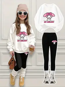 "my Melody" Print Girls' Casual Set, Loose-Fitting Sweatshirt & Bottoms, Comfortable Elastic Waist Pants, Fall Winter, Ages 4-12