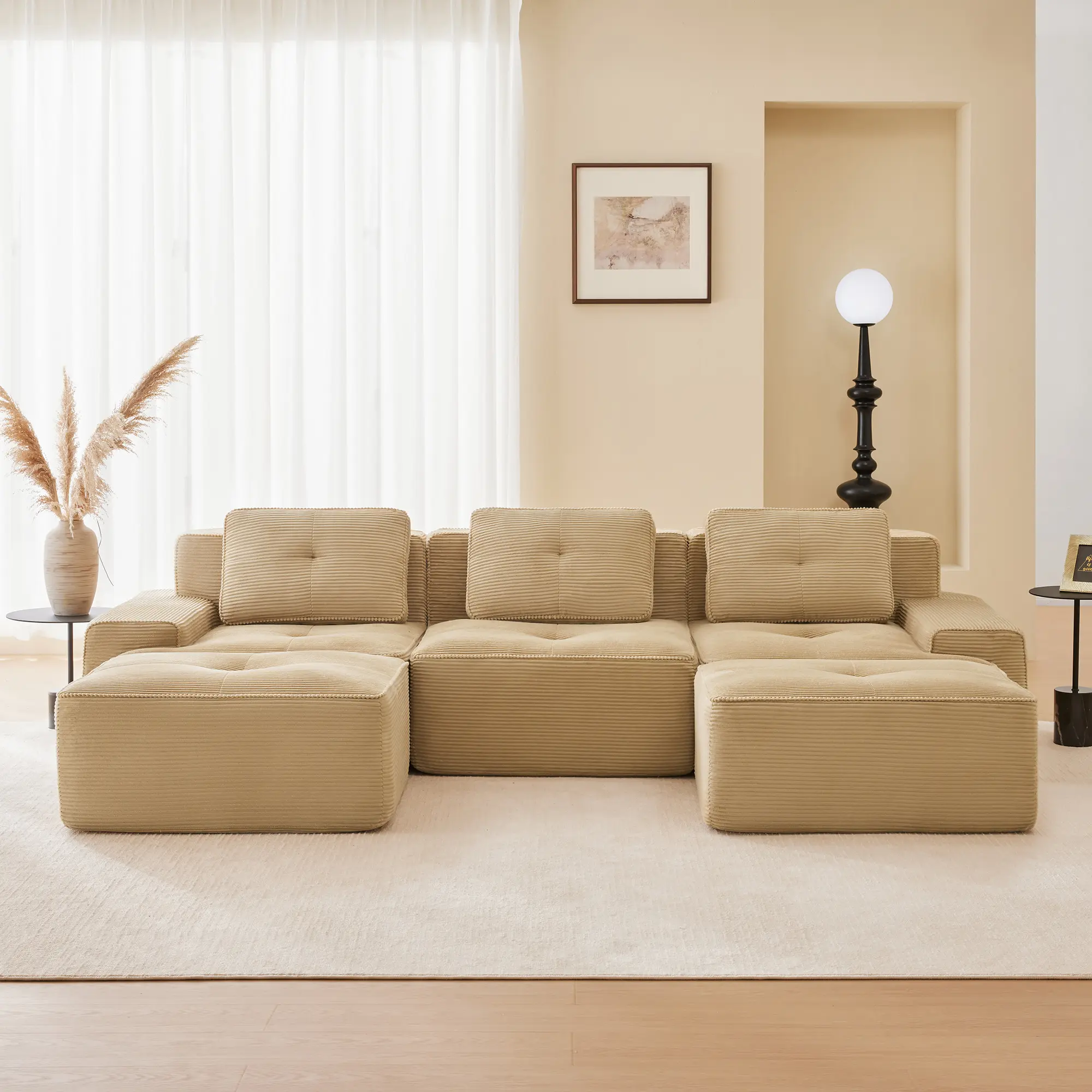 U-Shaped Modular Corduroy Sectional Sofa, 3-Seater Cloud Couch with Tufted Pearl Piping, Ergonomic Deep Seat & Detachable Ottoman, Anti-Slip Buckle Connection Base, No Assembly Required, Space Saving Furniture for Living Room, Camel Brown Blue Green Black