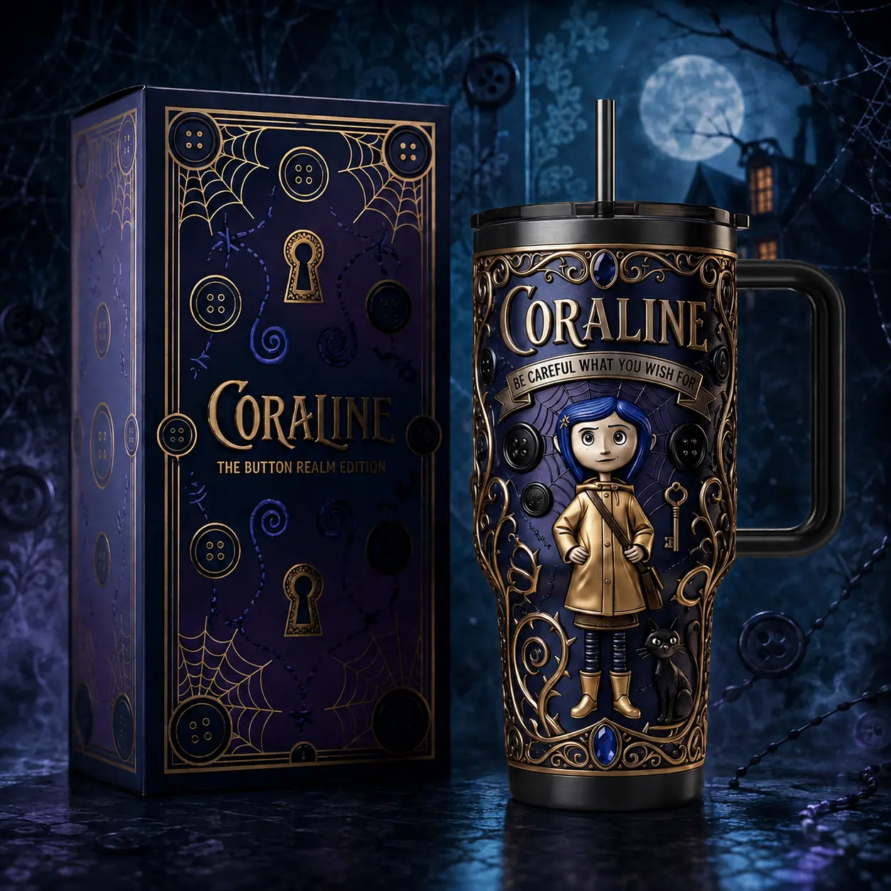 Coraline The Button Realm 40oz Premium Insulated Tumbler, Stainless Steel Double-Wall Vacuum Cup With Lid Straw and Handle, BPA-Free Reusable Travel Mug, Movie Fan Gift for Daily Use, Made in USA