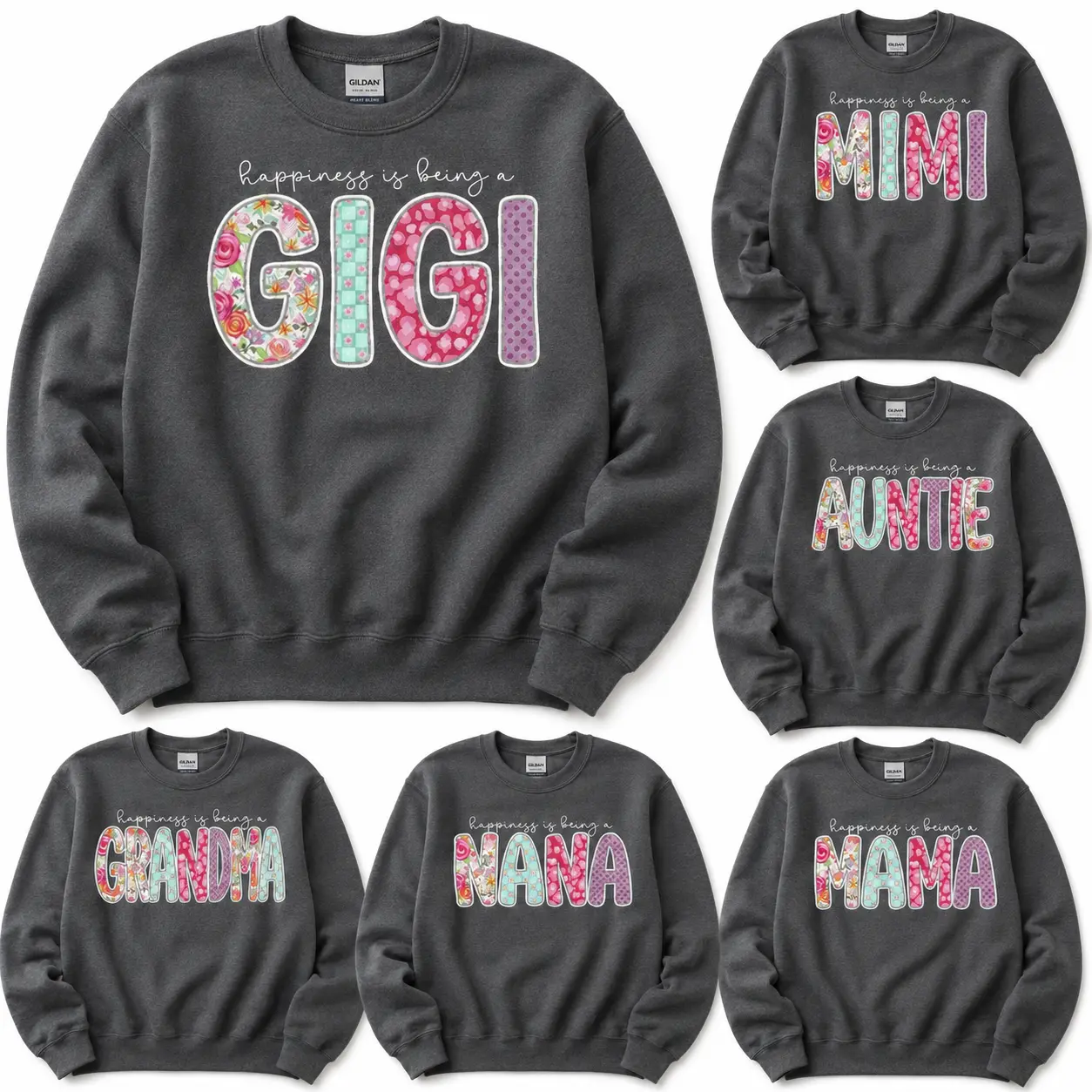 Custom Gigi Mimi Auntie Grandma Nana Mama Sweatshirt, Personalized Floral Family Name Crewneck, Happiness Is Being A... Shirt, Mother's Day Gift for Mom Grandma Aunt, Cute Gildan Pullover -DarkFlex