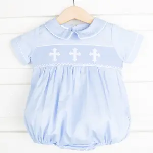 Cross Smocked Light Blue Boy Bubble - Classic Boy's Easter or Baptism Outfit