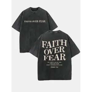 Retro Washed T-Shirt Double Sided Printed 180 Pure Cotton 'FAITH OVER FEAR' Letter Print Mens Casual Comfortable Fashionable Street Style Cotton Menswear Top Short Sleeve Crewneck Festive Tropical