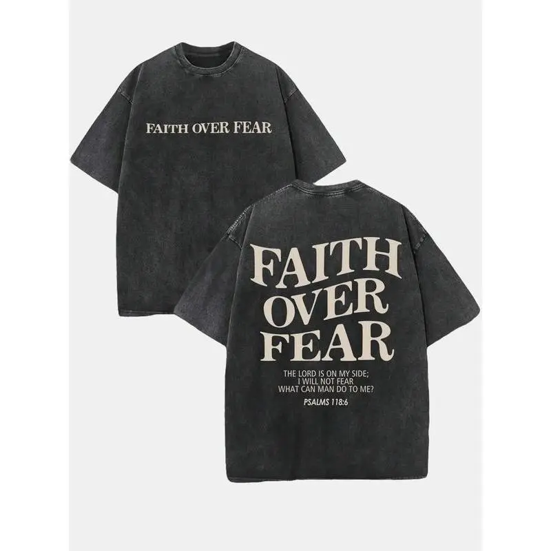 Retro Washed T-Shirt Double Sided Printed 230 Pure Cotton 'FAITH OVER FEAR' Letter Print Mens Casual Comfortable Fashionable Street Style Cotton Menswear Top Short Sleeve Crewneck Festive Tropical