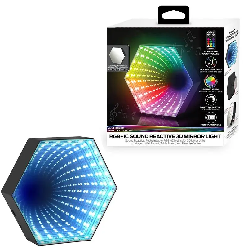 Rechargeable RGB Sound Pickup Light, RGB Color Flow Sound-Reactive Infinity Mirror Light, Creative Hexagon 3D Mirror Light for Game Room, Bedroom, Bar, Disco Novelty Lighting, Music Lights, Atmosphere Lamp