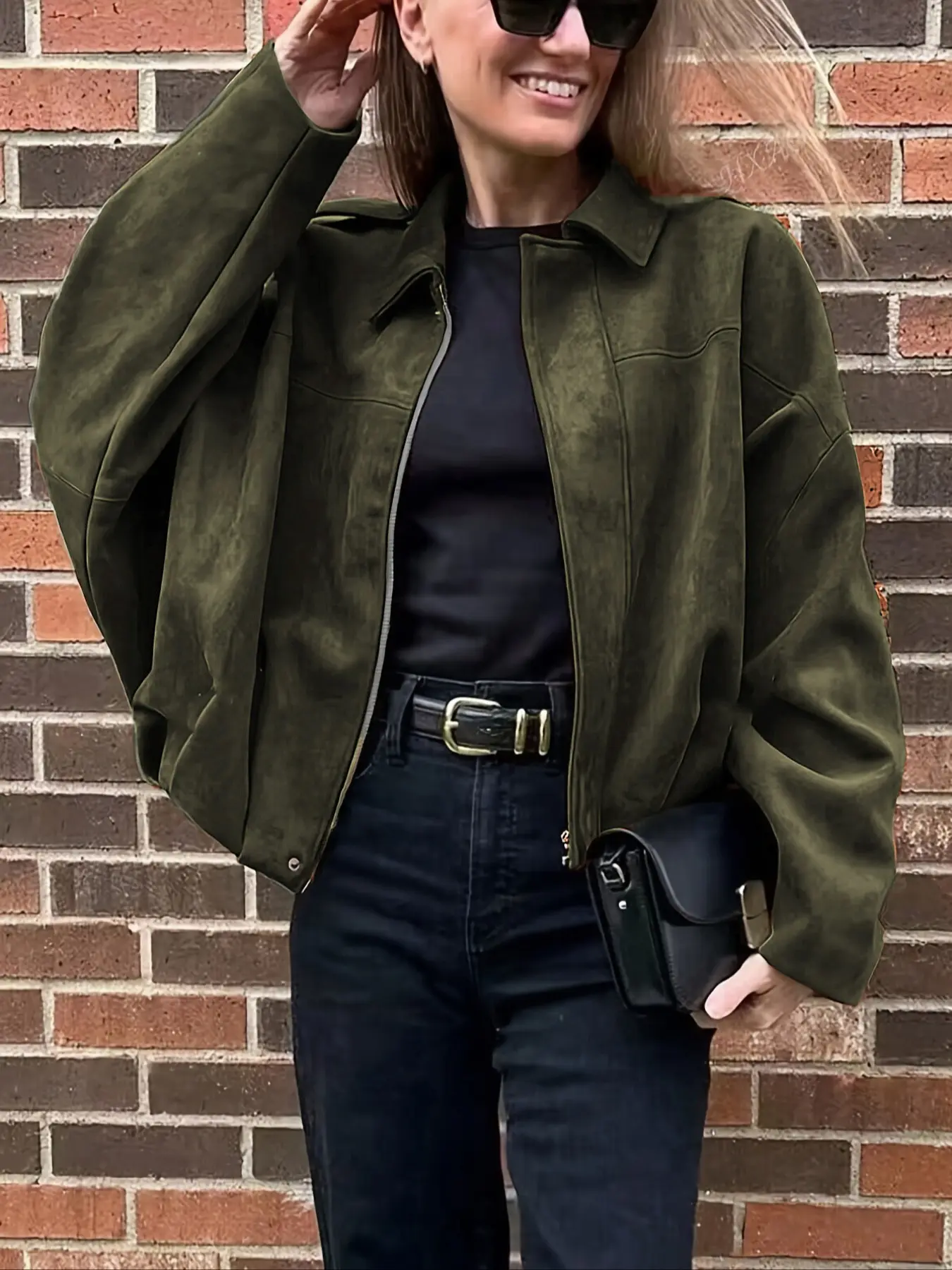 Women's Suede Leather Jacket, Olive Faux Leather Flight Bomber Coat, Oversized Batwing Sleeves, Y2K Vintage Style, Fashion, Daily Wear
