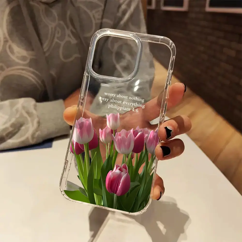 Pink tulip Philippians 4:6 Christian aesthetic pattern, anti-drop, non-slip TPU large hole lens transparent mobile phone protective case, suitable for iPhone 17 16 15 14 13 12 11 XS X and other series models, holiday gifts for friends or family