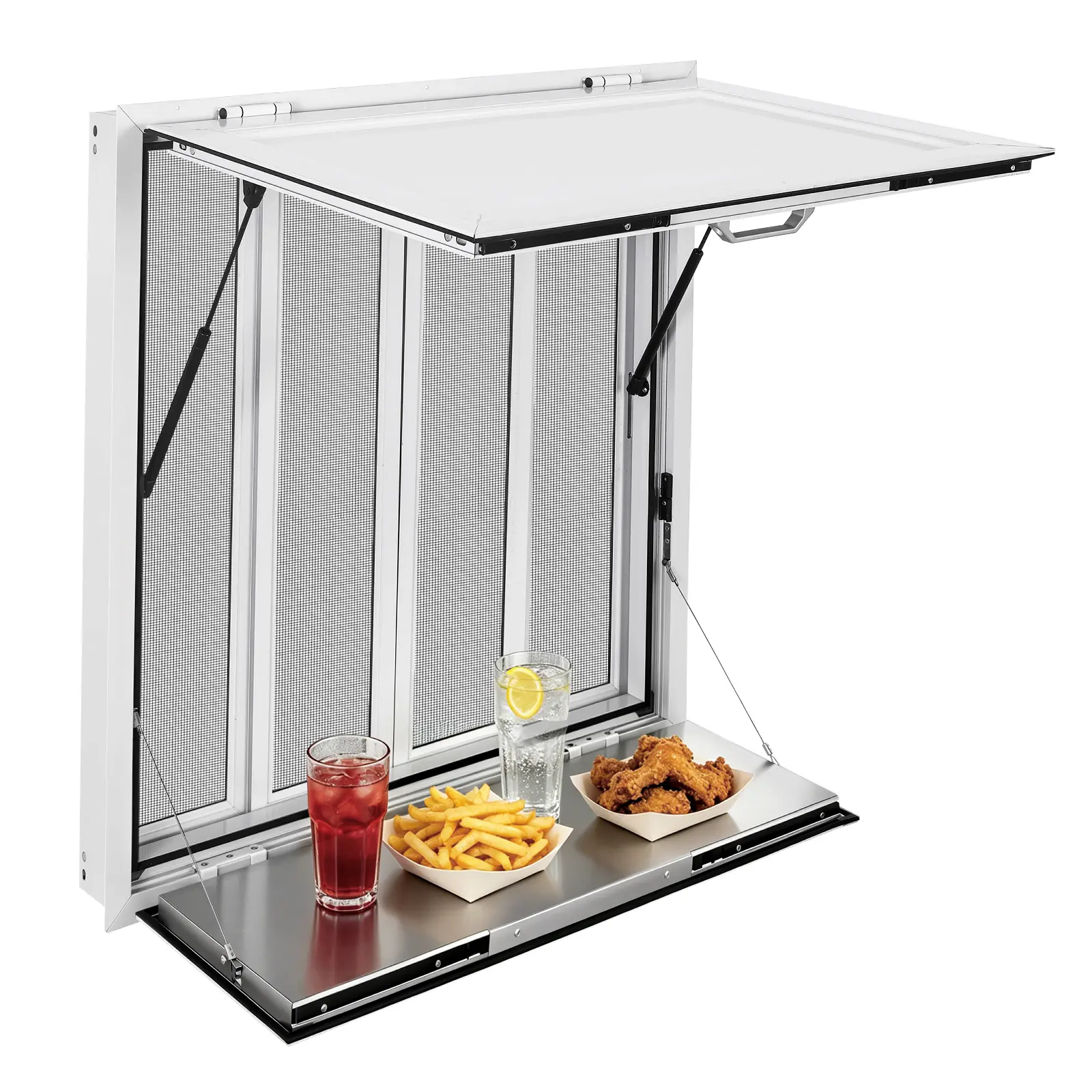 VEVOR Aluminum Alloy Concession Window Folding Shelf (36x36in) - Functional Fold, Hydraulic Arms, Pre-Cut Install, 4 Sliding Windows, Awning Door, Drag Hook, 85-Degree Open, Rainwater Resistant for Food Truck, Service Booth#BacktoSchool