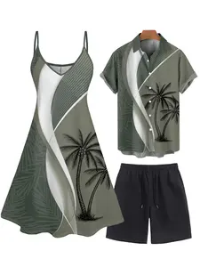 2025 Couple Set Women's Colorblock Coconut Tree Leaf Print Spaghetti Strap Vacation Dress And Men's Roll Up Sleeve Shirt Solid Color Drawstring Waist Beach Casual Shorts Matching Outfit