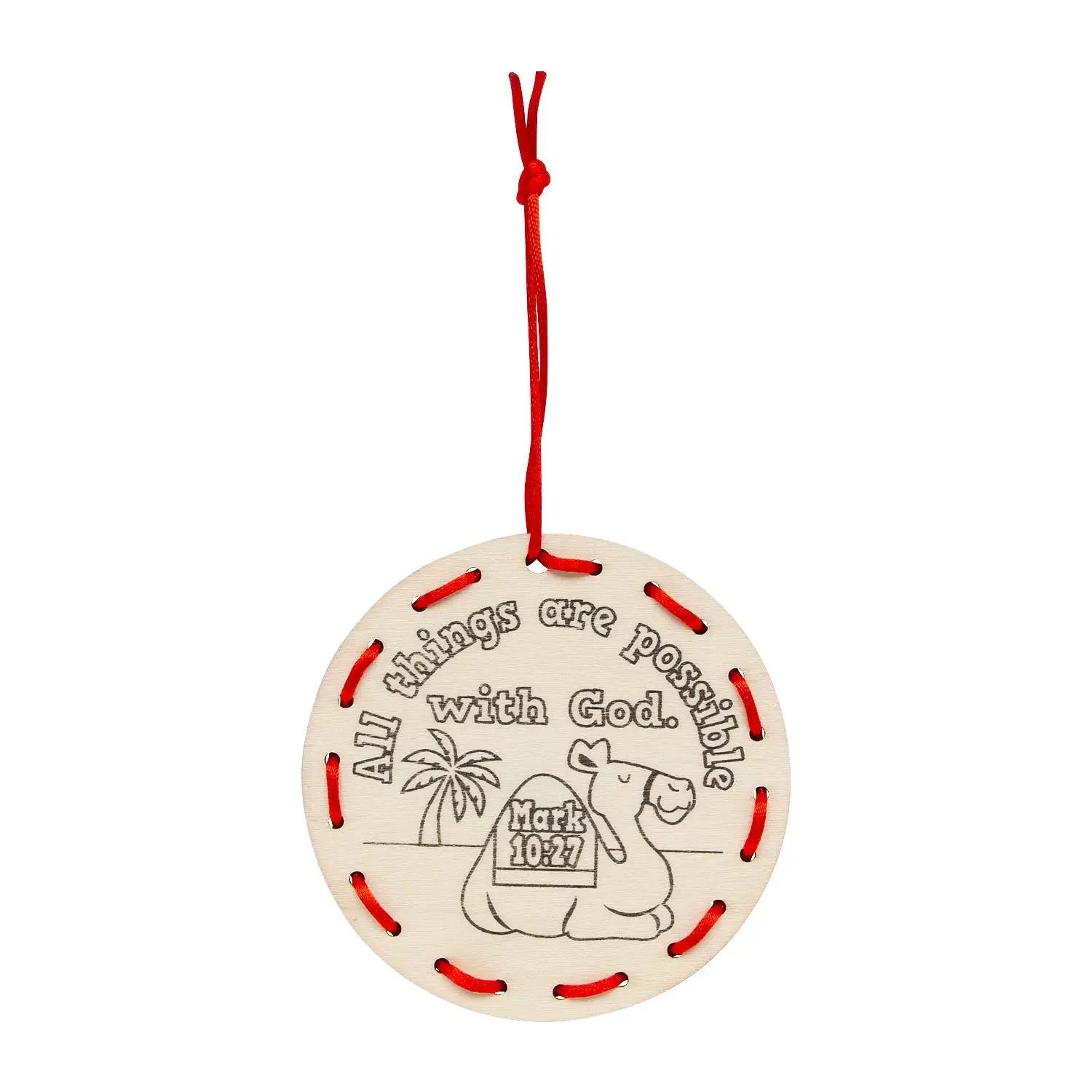 12-Pc 4-Inch Wood Religious Satin Round Cord Lacing Ornaments, Color-Your-Own with Biblical Verse for Christmas Holiday Decor