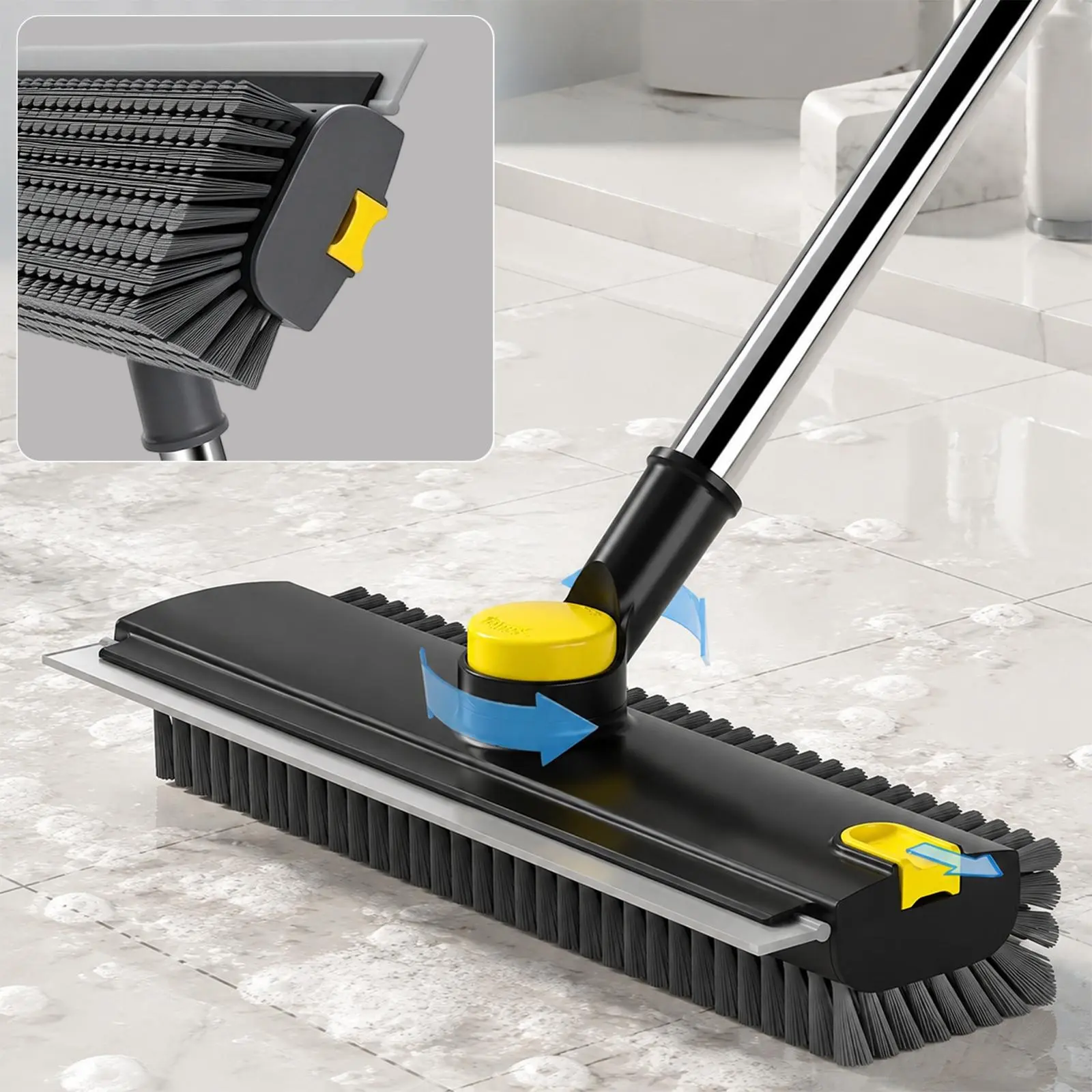 2-in-1 Brush-Squeege Floor Brush with Thick Stainless Steel Adjustable Extendable Pole, Segment Splice, Universal Rotating Head, Multi-Surface Home Cleaning Tool for Floors, Bath