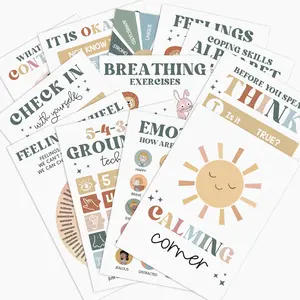 BEAWART Retro Calming Corner Posters For Kids (12 Pack, 10x14), Feelings Wheel & Emotions Poster For Toddlers, Calm Down Corner For Classroom & Therapy Decor, Mental Health Wall Art For Preschool And Teachers