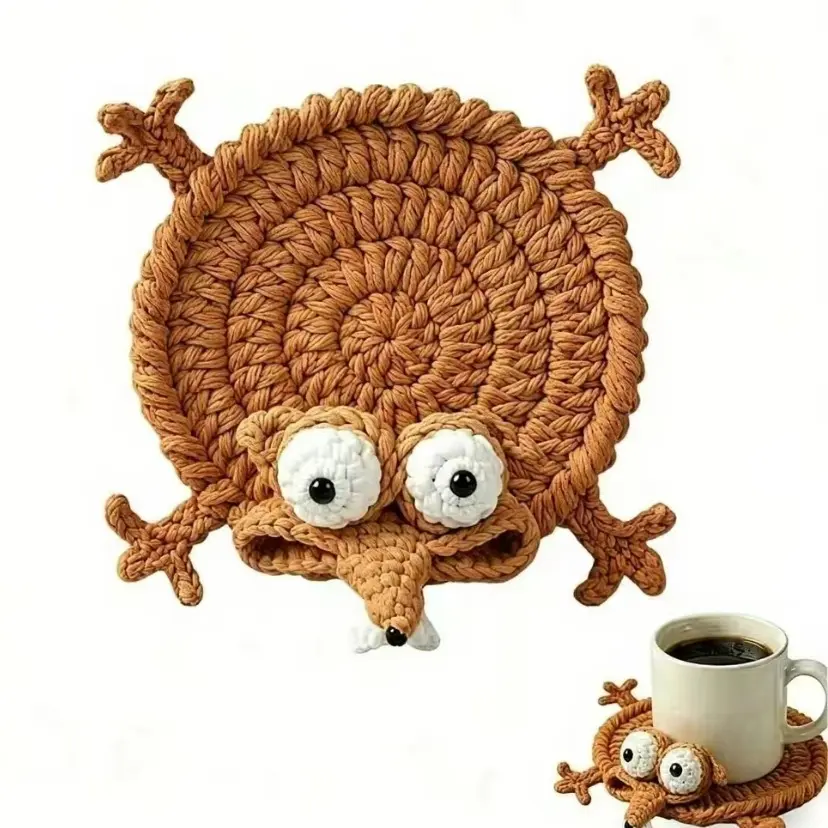 Funny Hand-Crocheted Squirrel Coaster, Cute Handmade 3D Animal Mug Rug, Novelty Knitted Cup Mat Desk Decor, Unique Whimsical Drink Coaster for Coffee & Animal Lovers (Yellow),gift