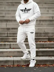 Men's Sportswear Set, Hooded Sweatpants & Long Sleeves Top, Alpha Letter Print, Casual Outdoor Wear, Athletic Tracksuit Set, Spring Fashion, Multiple Colors Available