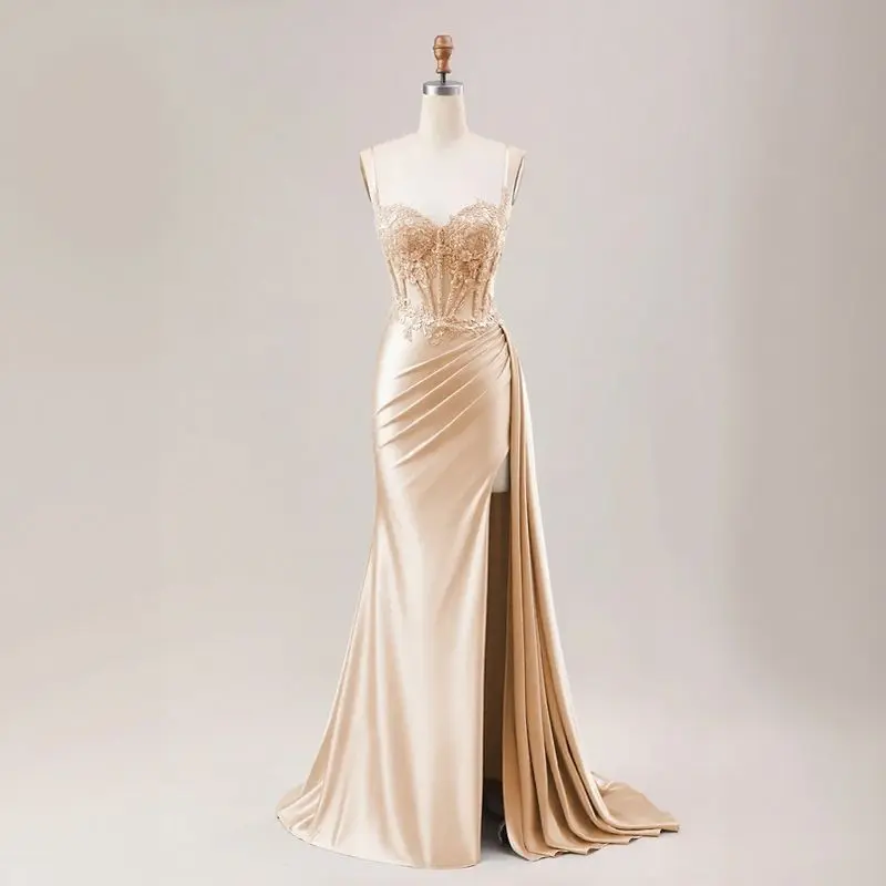ZAPAKA Elegant Silver Champagne Sequin Mermaid Evening Gown with High Slit for Red Carpet & Gala Events Charming Summer Party Dress