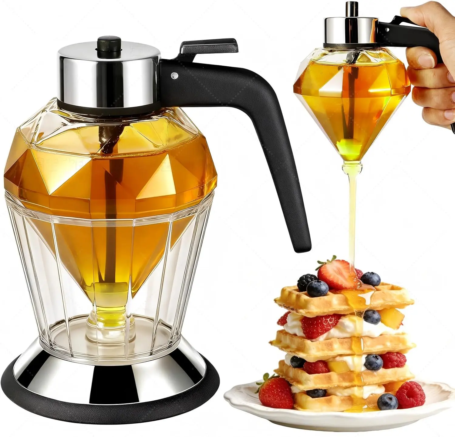 8oz Honey Dispenser No Drip Glass with Stand, Honey Container & Coffee Syrup Dispenser for Tea Time & Gifting, Elegant Honeycomb Honey Jar - Honey Pot Bottle for Maple Syrup Bee