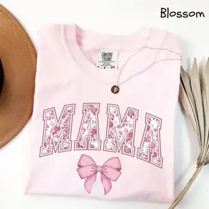 Comfort Colors Mama Shirt, Pink Ribbon Shirt, Mothers Day Gift, Girly Aesthetic Gift For Mom, Cute Mom Shirt, Bow Shirt, Chinoiserie Shirt