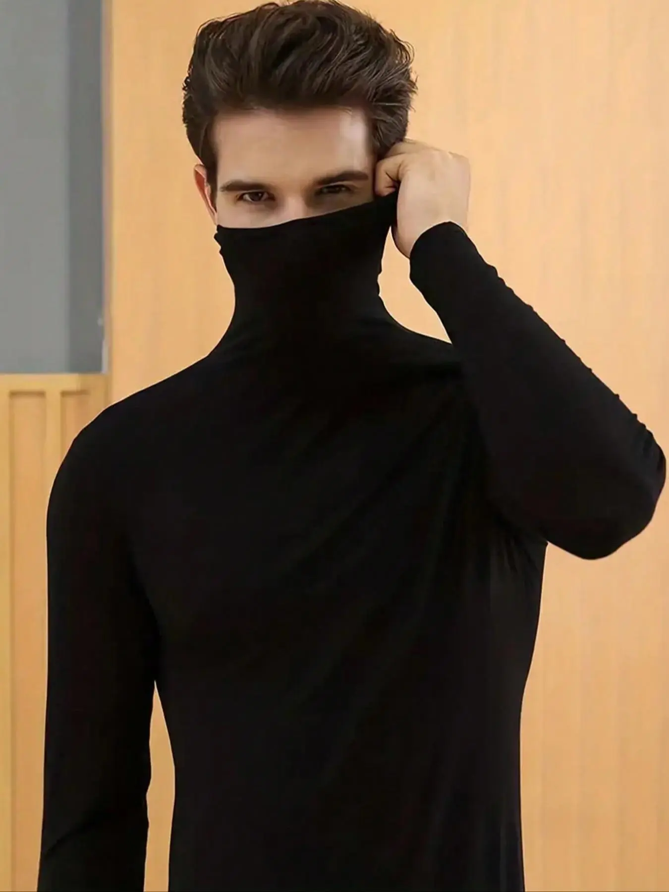 Men's Solid Slim Fit Long Sleeve Knitted Turtleneck Thermal Underwear Top, Casual Comfy Base Layer T-Shirt for Spring & Fall, Men's Clothes for Daily Wear, Thermal Menswear
