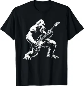 Bigfoot Playing Guitar Rock Music Band Sasquatch T-Shirt Pure Cotton Graphic Tees Menswear Top: Gifts for Men & Women