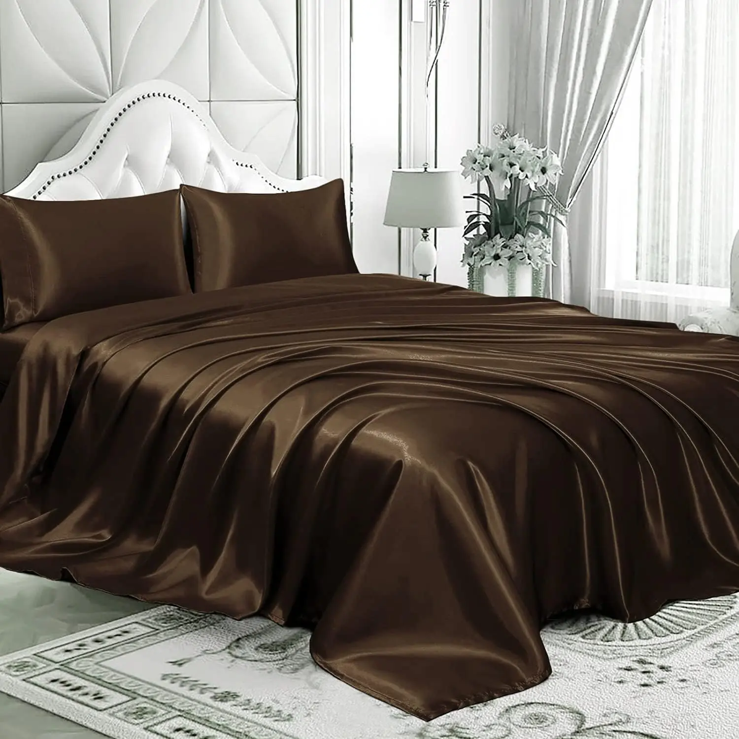Twin Silk Sheet Set - 4-Piece, 16-in Affordable Breathable Soft Bedding Set, Wrinkle-Resistant, Cooling, Moisture-Wicking for Hair & Skin - Chocolate, Breathable Bedding Set