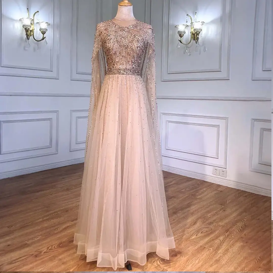 Luxury Gold Arabic Cape Sleeves Beaded A-Line Evening Dresses Gowns 2025 - Exquisite Elegance for Women's Party