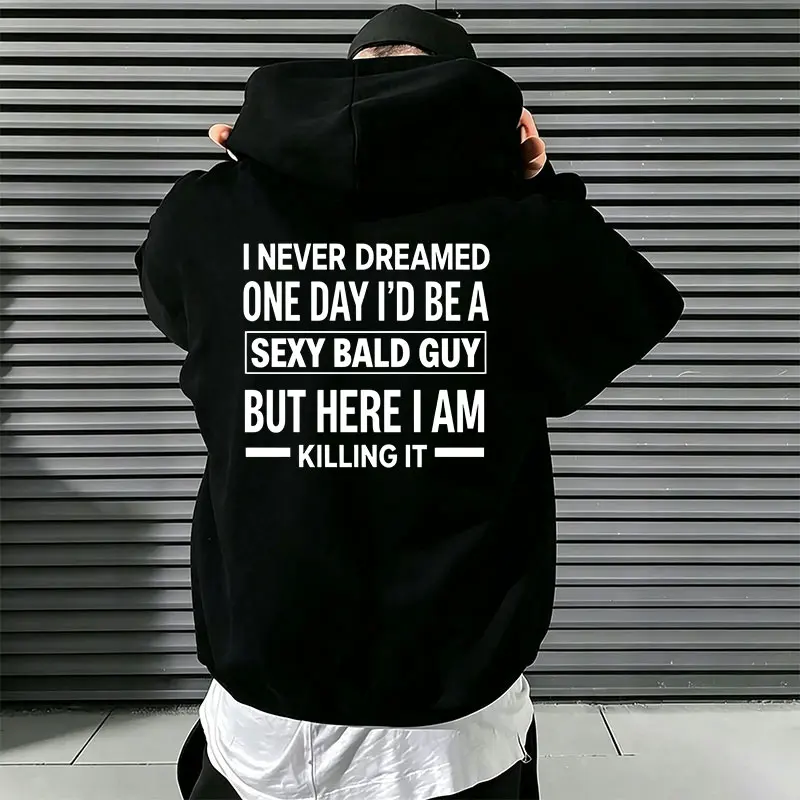 Men's Stylish Loose Oversized Long-Sleeve Casual Pullover Hoodie Sweatshirt for Menswear, Featuring a Fun English Back Slogan Print, Sweatshirts