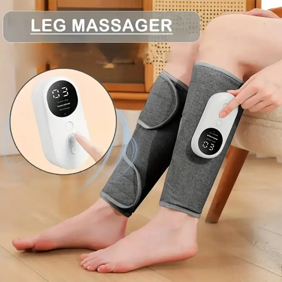 Leg air-compression massager offering a comfortable experience and soothing heat therapy; features 3 intensity levels and 3 modes. Easy to operate and designed for deep muscle relaxation, it makes a perfect wellness gift.