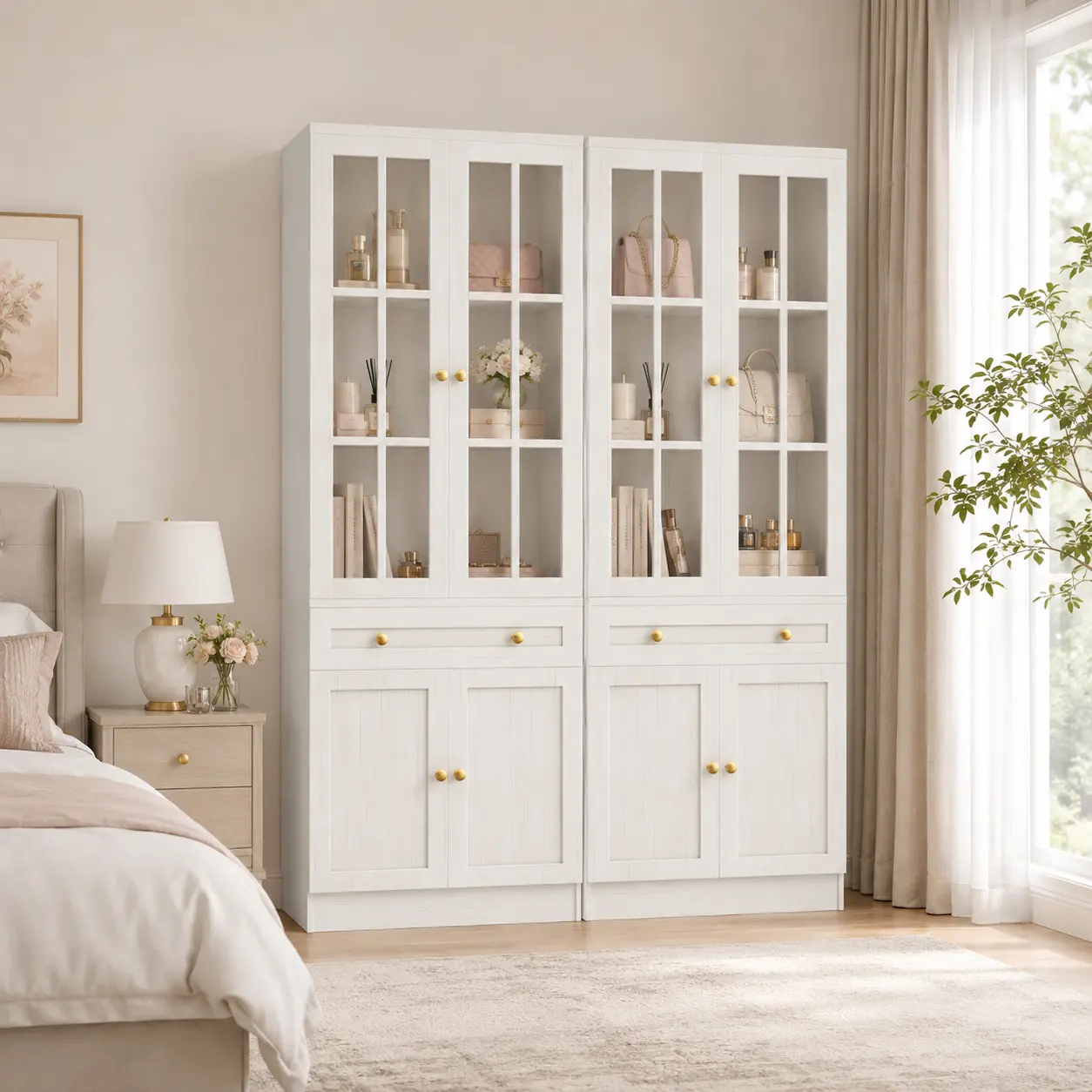 80"Tall Narrow Bookshelf with Glass Doors,Farmhouse Corner Storage Cabinet with Wood Drawers,Adjustable Shelves for Bedroom,Living Room