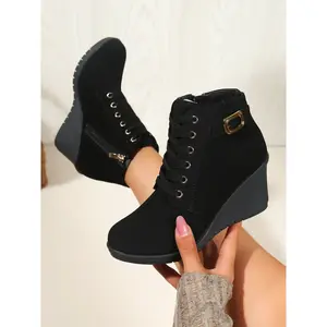 Women's High Heel Lace Up Boots, PU Leather Round Toe Casual Ankle Booties, Fall & Winter Fashion Shoes, Medium Width